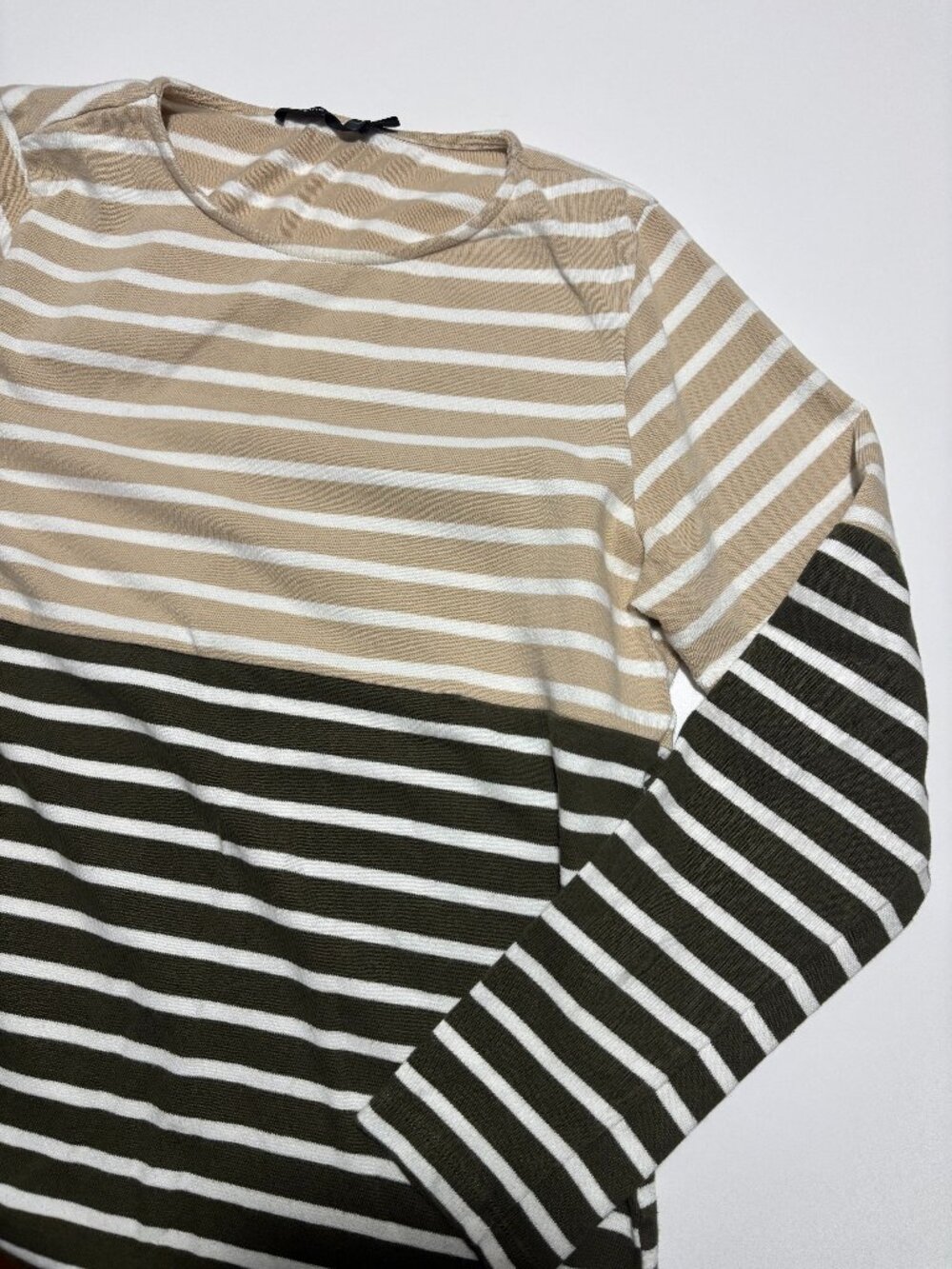 Doe & Rae Tan Green & White Striped Neutral Earth Tones Cotton Long Sleeve Top